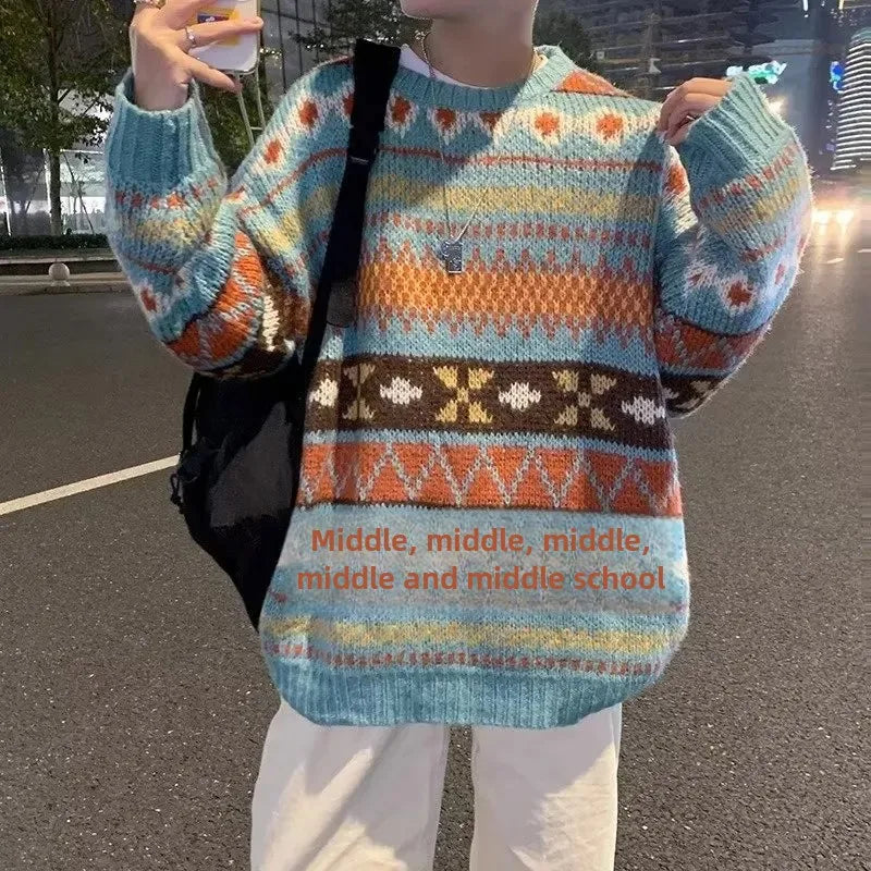 Men’s Vintage Sweater – Ethnic Striped Loose Fit Knitted Crew Neck Top