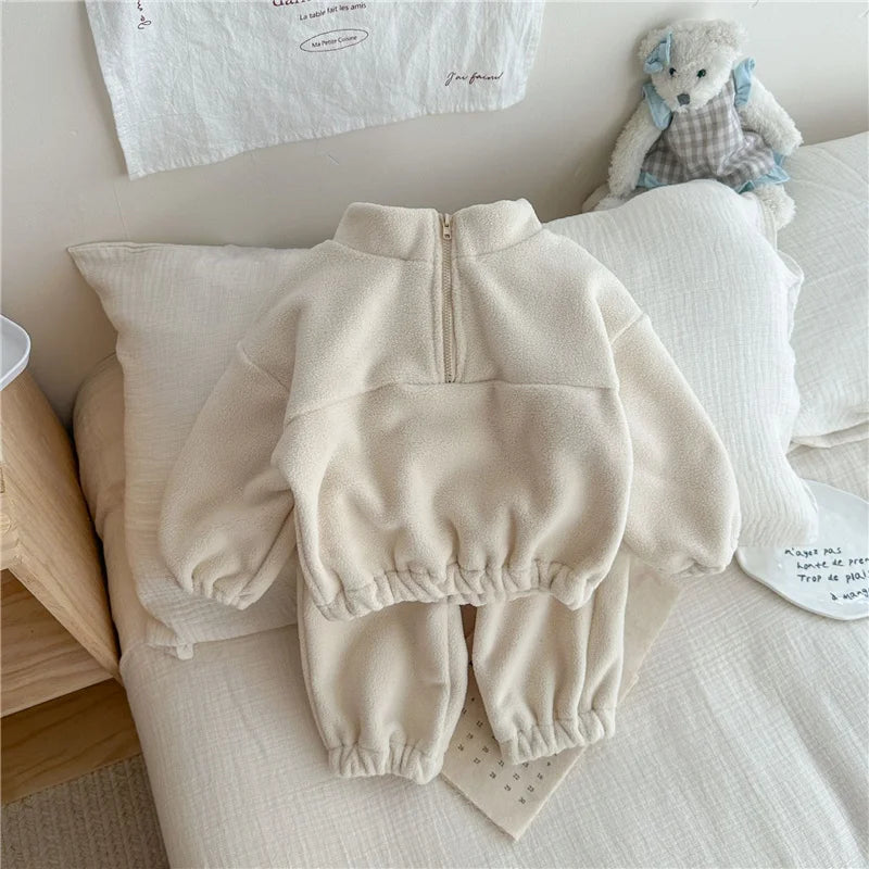 Kids Winter Warm Set Fleece Velvet Outfit Long Sleeve Pullover Top + Pants 2Pcs Autumn Children Casual Clothing Suit
