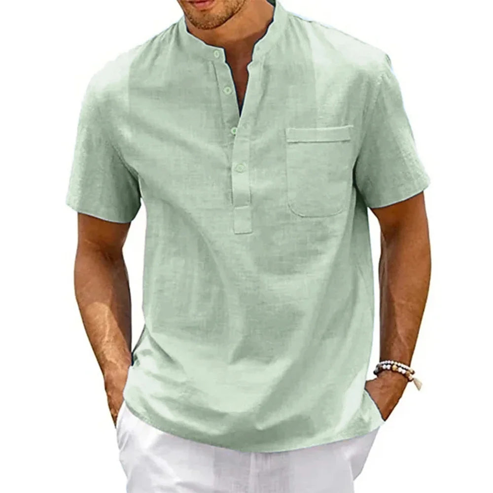 Men’s Cotton Linen Henley Shirt – Short Sleeve Pocket Top, Casual Beach Streetwear