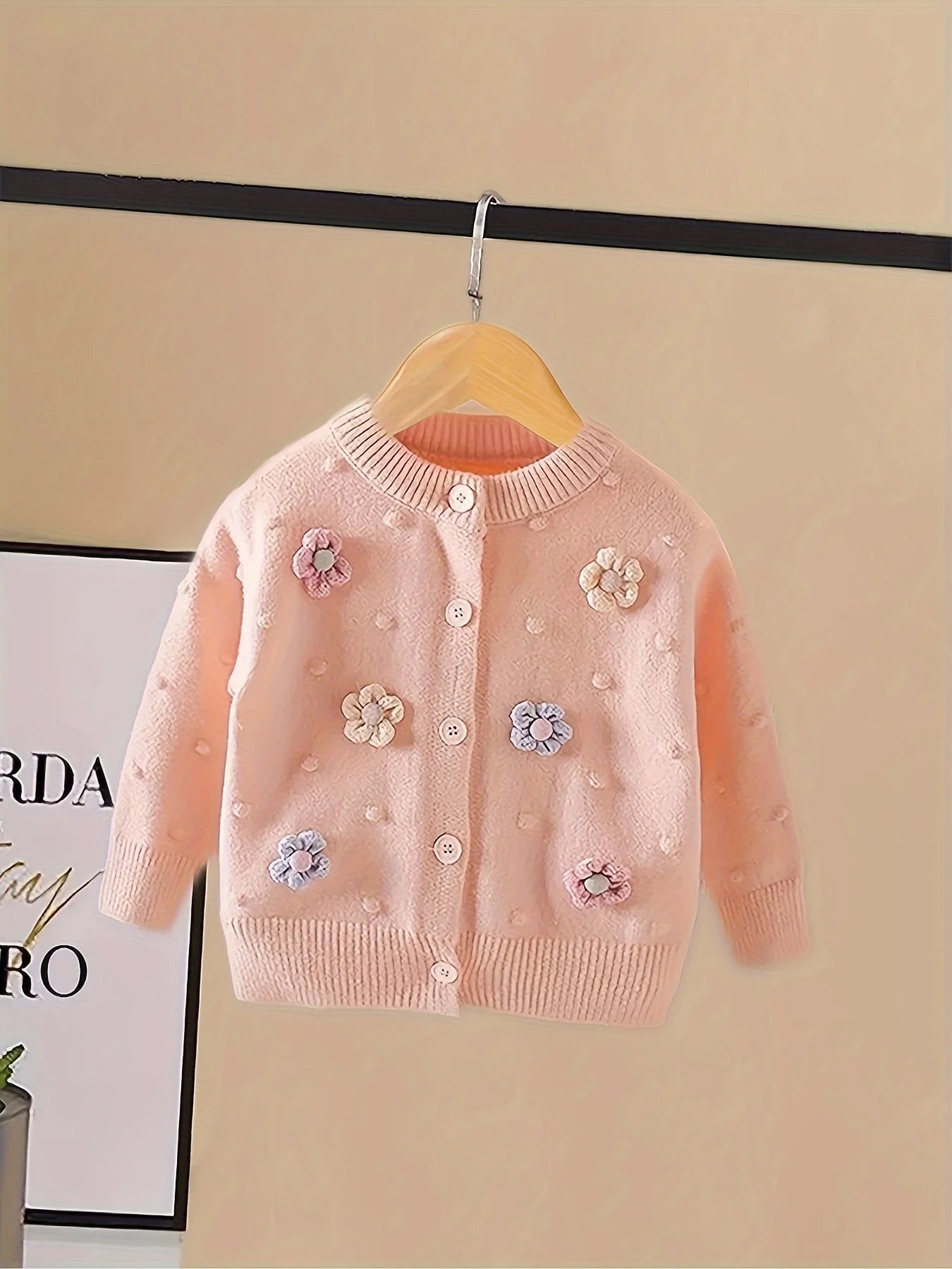 Girls' Embroidered Three-Dimensional Flower Cardigan Sweater Baby Girl's Autumn Plaid Soft All-Match Knitted Jacket