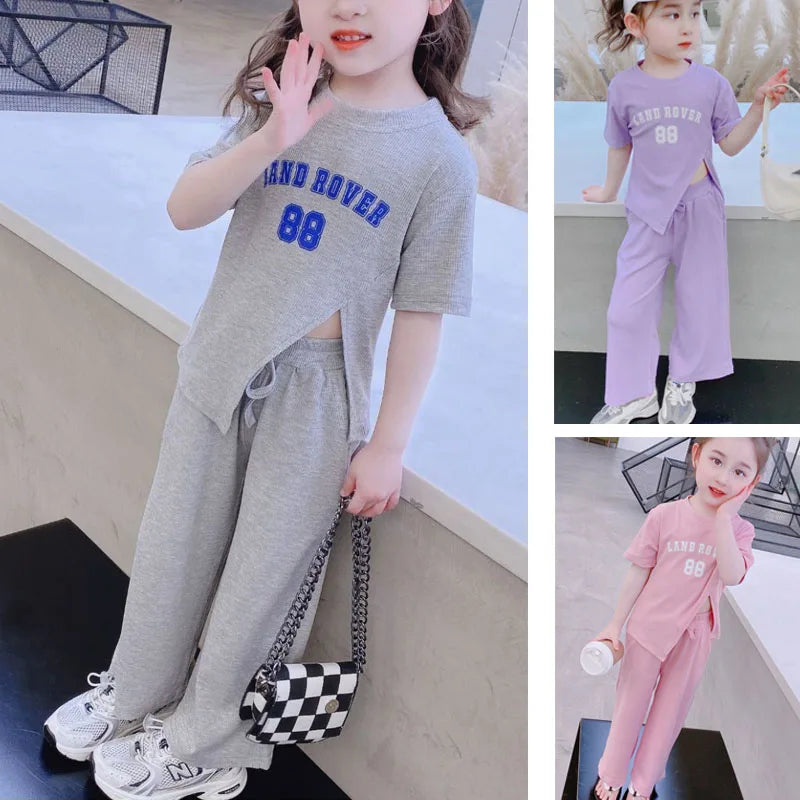 1Set Summer Baby Sets Children's Clothing Girls Kids Toddler Clothes Fashion T-shirt Top + Length Pants Adolescent Sport Clothes