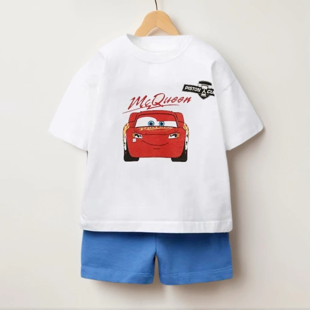 Summer Kids Clothing Set Cartoon Car Print T-Shirt + Shorts Boys Girls Casual Outfit Round Neck Tee with Simple Loose Shorts