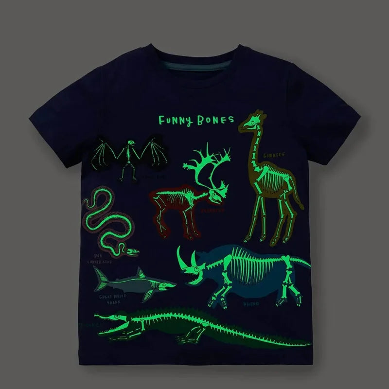 2-7 Years Kids Glow in Dark Cartoon Shark Dinosaur T-Shirt 100% Cotton Baby Boys Summer Short Sleeve Tee Tops