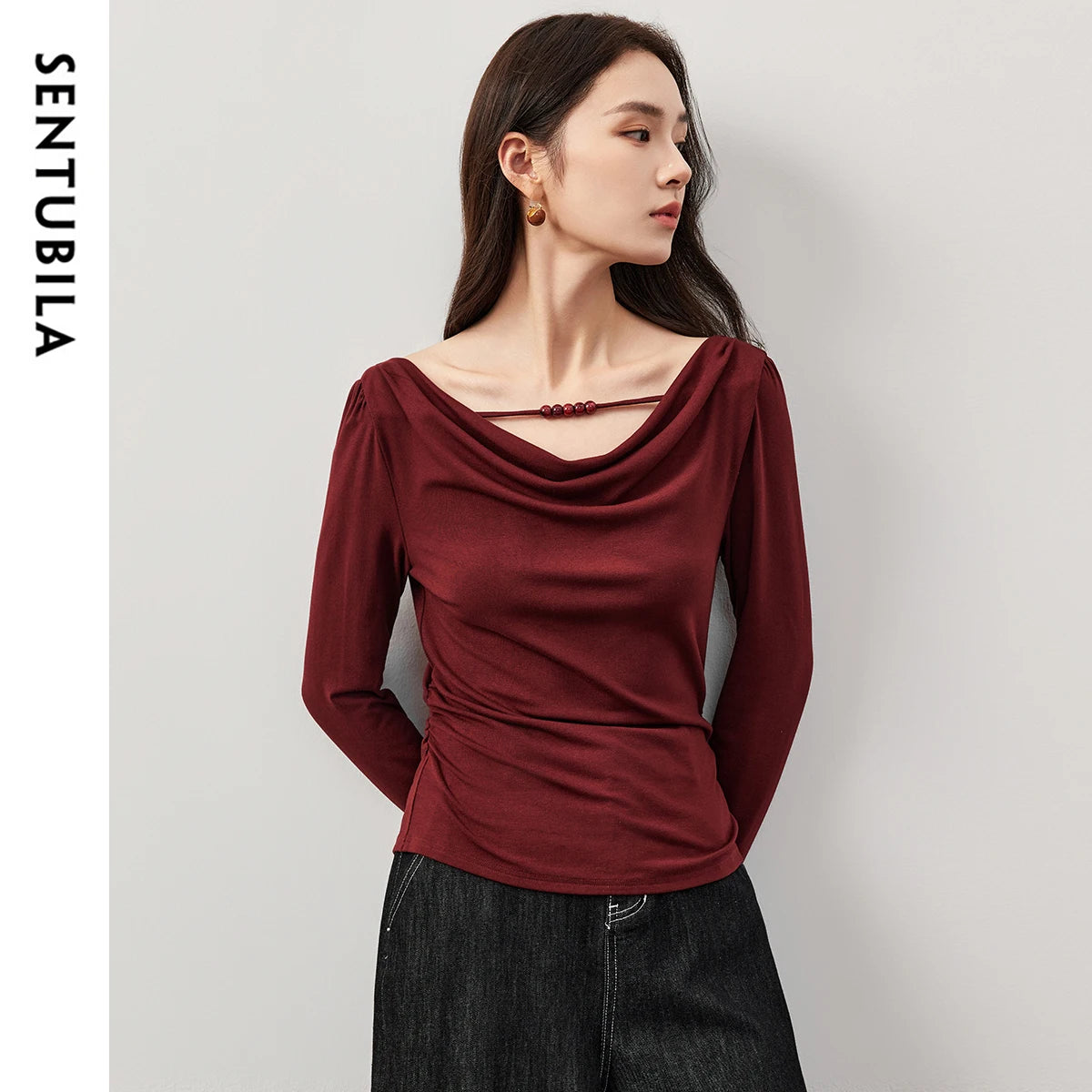 Women’s Swing Collar Slim Fit T-Shirt – Long Sleeve Knitted Pullover, Spring 2025 Fashion