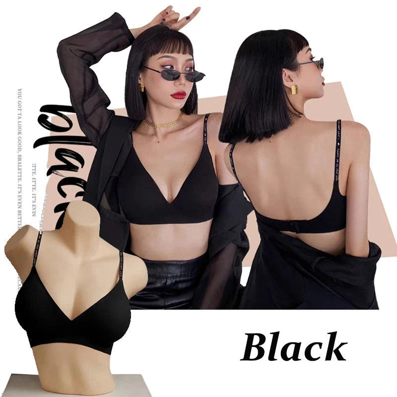 Women’s Seamless Deep V Neck Bralette – Sexy Push Up Wireless Bra, Lingerie Letter Strap Top, Comfortable Underwear for Women