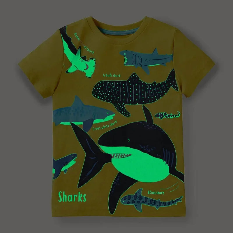 2-7 Years Kids Glow in Dark Cartoon Shark Dinosaur T-Shirt 100% Cotton Baby Boys Summer Short Sleeve Tee Tops
