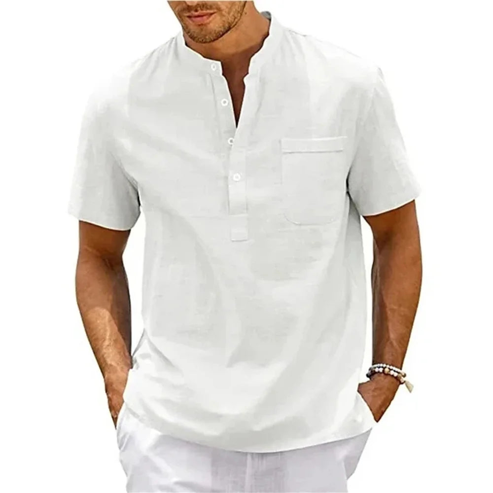 Men’s Cotton Linen Henley Shirt – Short Sleeve Pocket Top, Casual Beach Streetwear