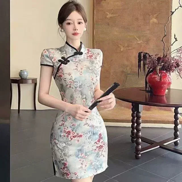 Women’s Vintage Qipao Mini Dress – Sexy Summer Cheongsam, Elegant Club Bodycon Dress