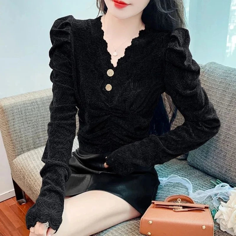 Elegant Women’s V-Neck Pleated Top – Long Sleeve Vintage Pullover for Spring & Autumn