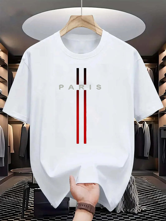 Men’s Cotton Summer T-Shirt – Loose Fit, Paris Letter Print, Round Neck Short Sleeve Top