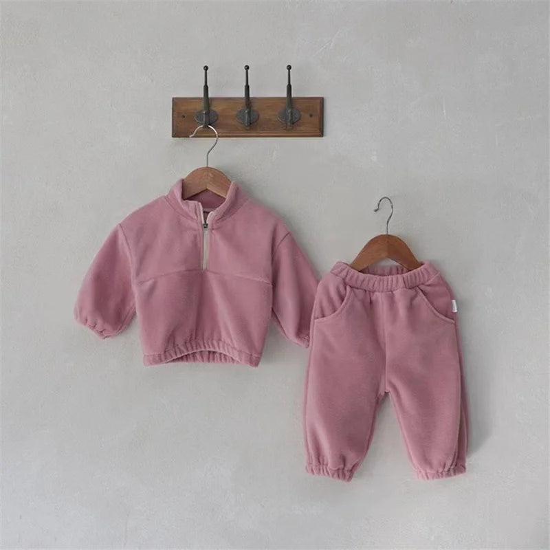 Kids Winter Warm Set Fleece Velvet Outfit Long Sleeve Pullover Top + Pants 2Pcs Autumn Children Casual Clothing Suit