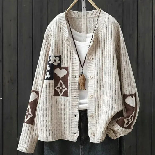 Women's Clothing Jacquard Casual Sweaters Autumn Long Sleeve Loose Knit Floral Cardigan Lady O-neck All-match Fashion Top Coat