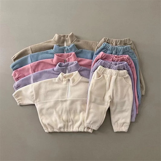 Kids Winter Warm Set Fleece Velvet Outfit Long Sleeve Pullover Top + Pants 2Pcs Autumn Children Casual Clothing Suit