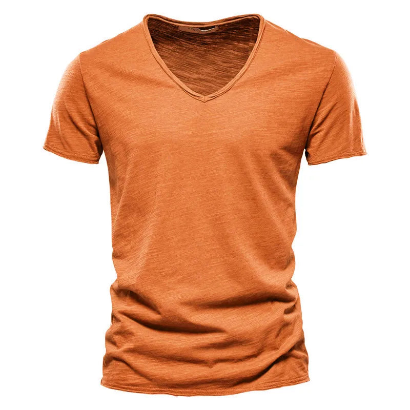 AIOPESON100% Cotton Men T-shirt V-neck Fashion Design Slim Fit Soild T-shirts Male Tops Tees Short Sleeve T Shirt O-neck For Men