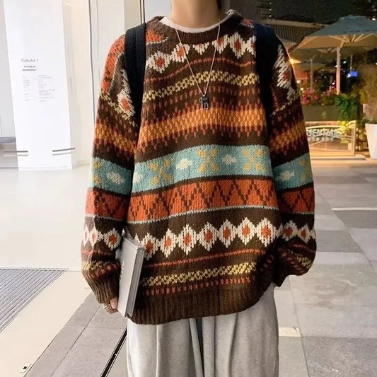 Men’s Vintage Sweater – Ethnic Striped Loose Fit Knitted Crew Neck Top
