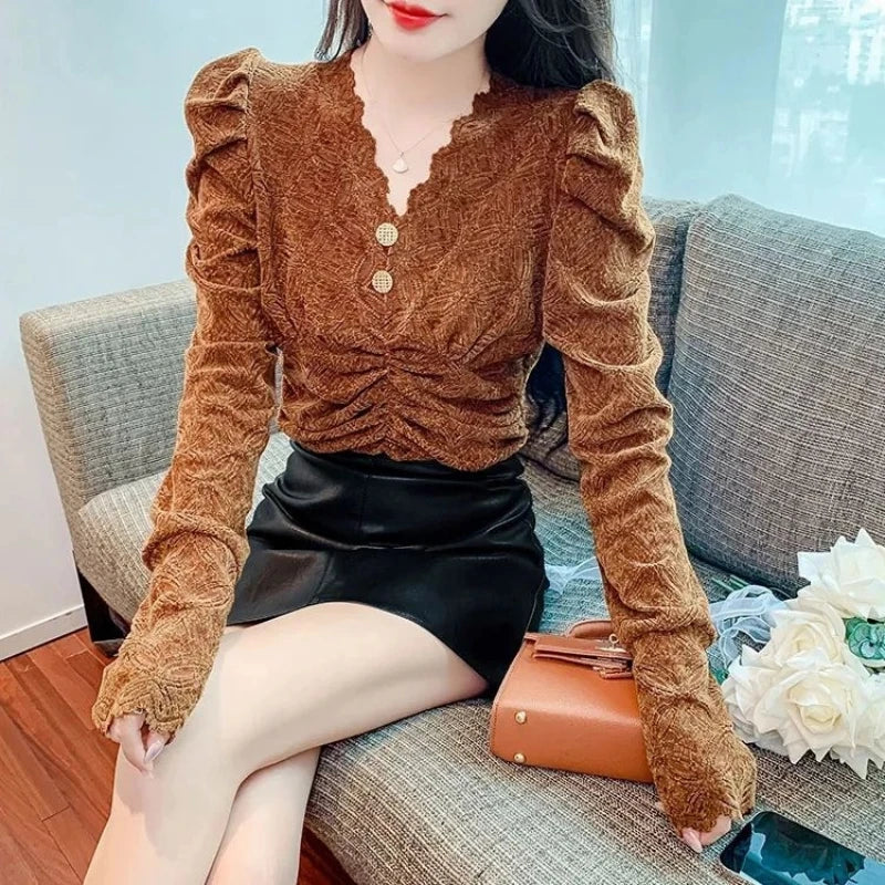 Elegant Women’s V-Neck Pleated Top – Long Sleeve Vintage Pullover for Spring & Autumn