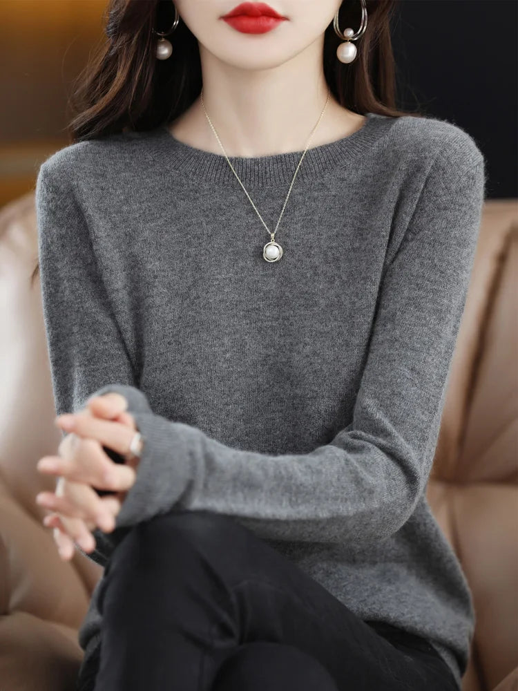 Fashion 100% Merino Wool Women's Sweater O-Neck Long Sleeve Pullover Spring Autumn Winter Basic Jumper Clothing Knitwear Tops