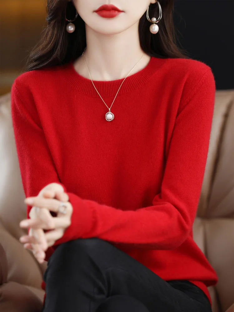 Fashion 100% Merino Wool Women's Sweater O-Neck Long Sleeve Pullover Spring Autumn Winter Basic Jumper Clothing Knitwear Tops