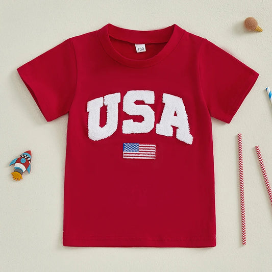 Kids Independence Day T-Shirt USA Flag Embroidery Patriotic Short Sleeve Tee