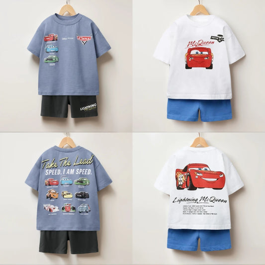 Summer Kids Clothing Set Cartoon Car Print T-Shirt + Shorts Boys Girls Casual Outfit Round Neck Tee with Simple Loose Shorts
