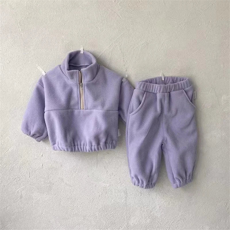 Kids Winter Warm Set Fleece Velvet Outfit Long Sleeve Pullover Top + Pants 2Pcs Autumn Children Casual Clothing Suit