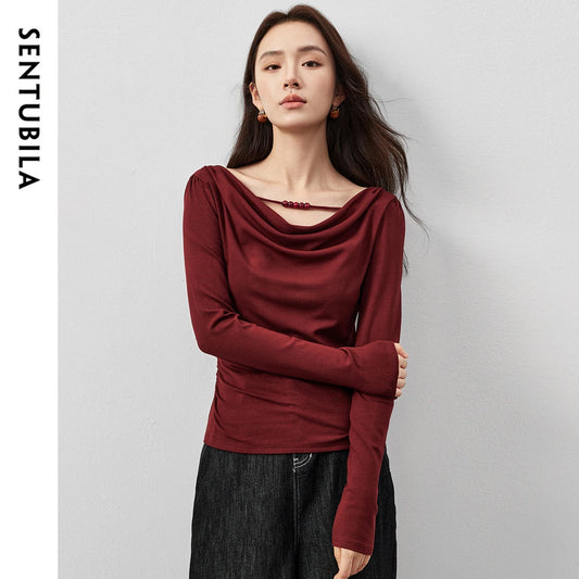 Women’s Swing Collar Slim Fit T-Shirt – Long Sleeve Knitted Pullover, Spring 2025 Fashion