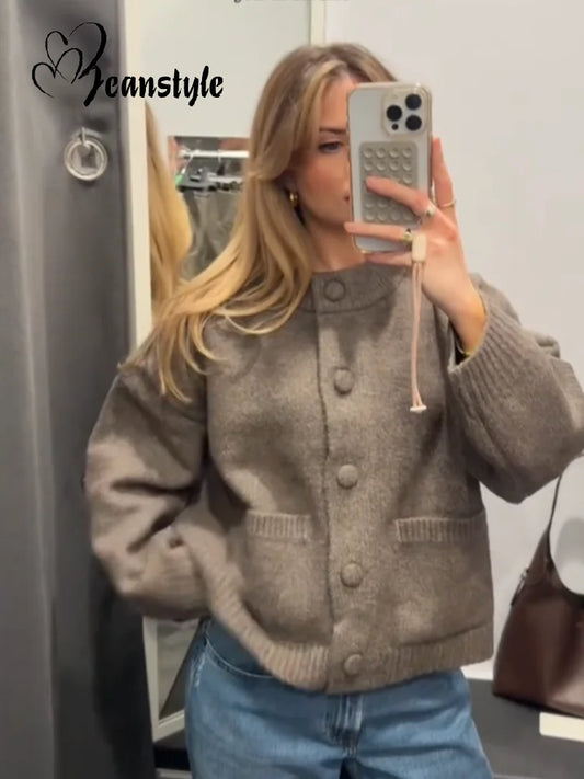 Casual Solid Knitted Sweater Women Street Single Breasted O-neck Full Sleeve Loose Open Stitch Female 2025 Autumn Lady Outwears