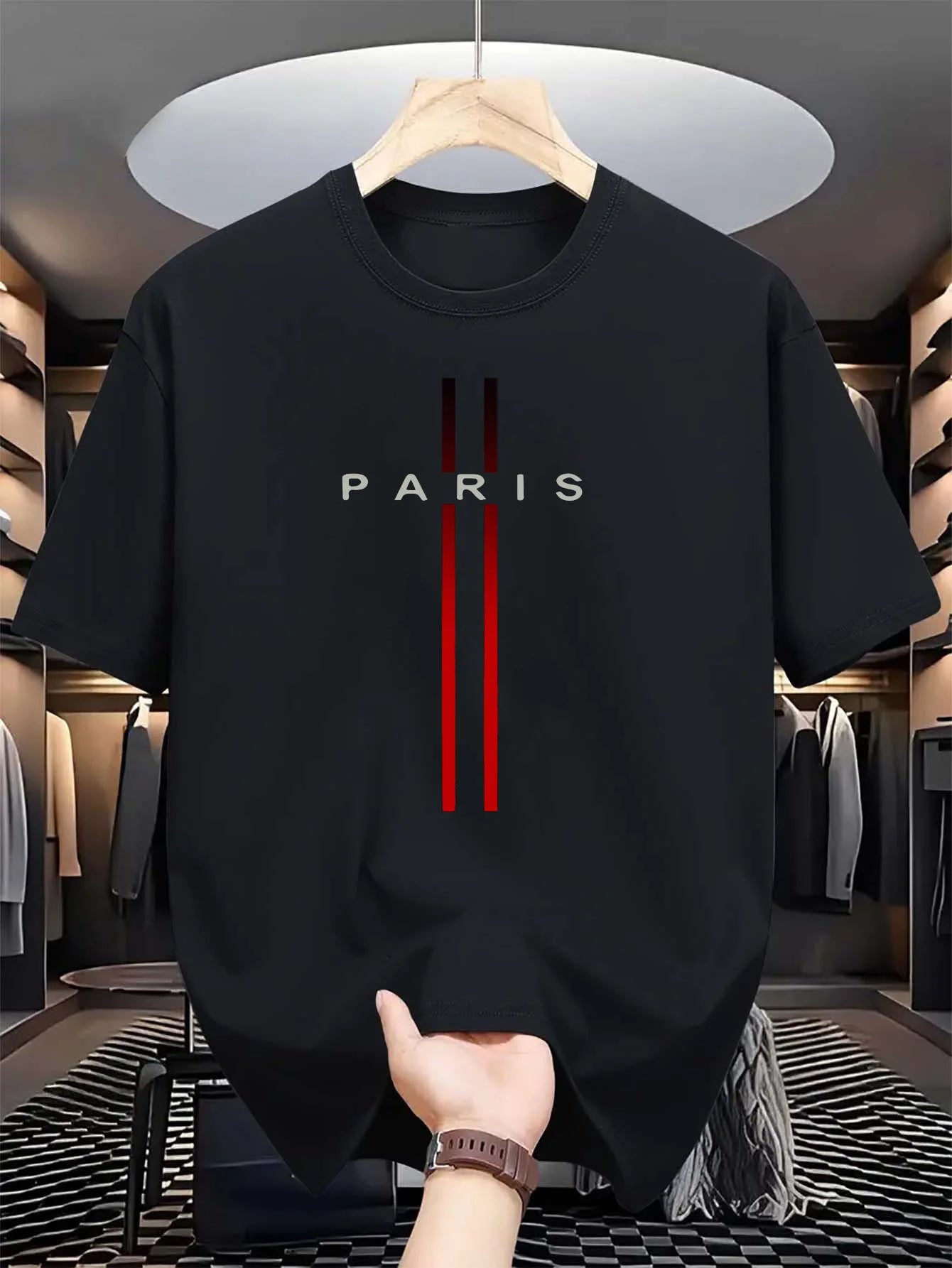 Men’s Cotton Summer T-Shirt – Loose Fit, Paris Letter Print, Round Neck Short Sleeve Top