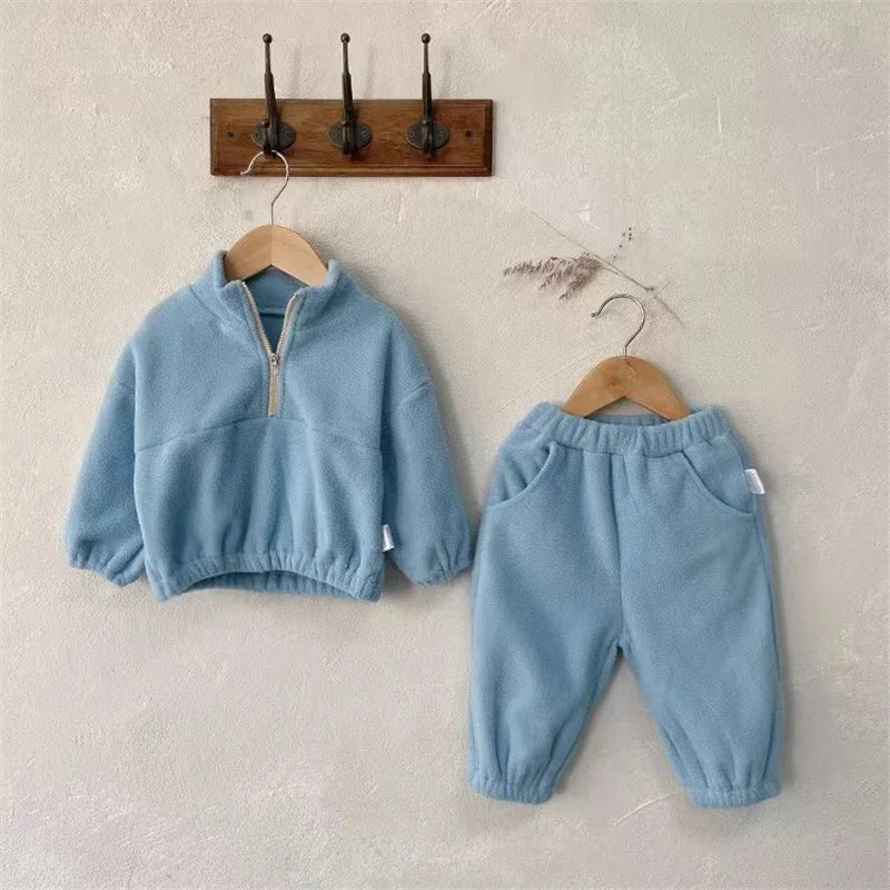 Kids Winter Warm Set Fleece Velvet Outfit Long Sleeve Pullover Top + Pants 2Pcs Autumn Children Casual Clothing Suit