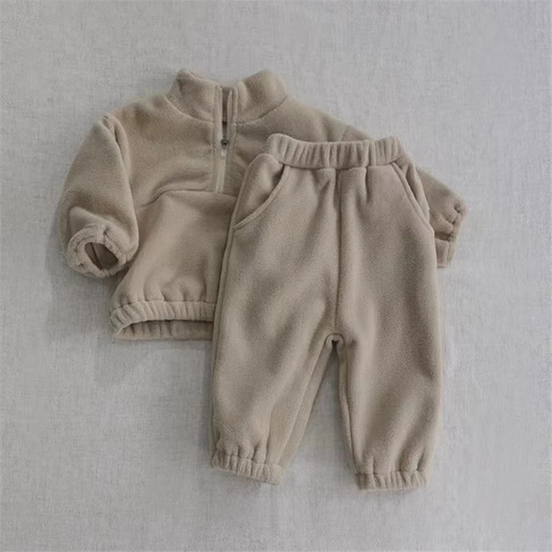 Kids Winter Warm Set Fleece Velvet Outfit Long Sleeve Pullover Top + Pants 2Pcs Autumn Children Casual Clothing Suit