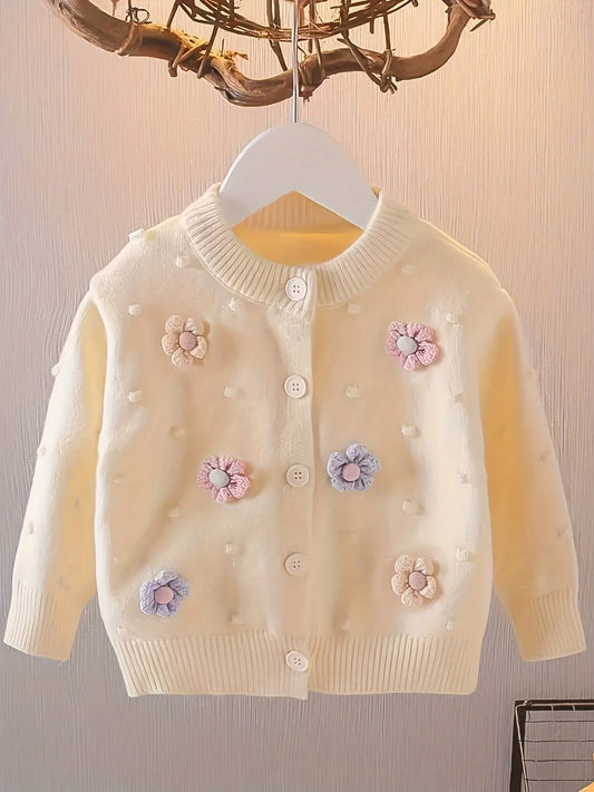 Girls' Embroidered Three-Dimensional Flower Cardigan Sweater Baby Girl's Autumn Plaid Soft All-Match Knitted Jacket