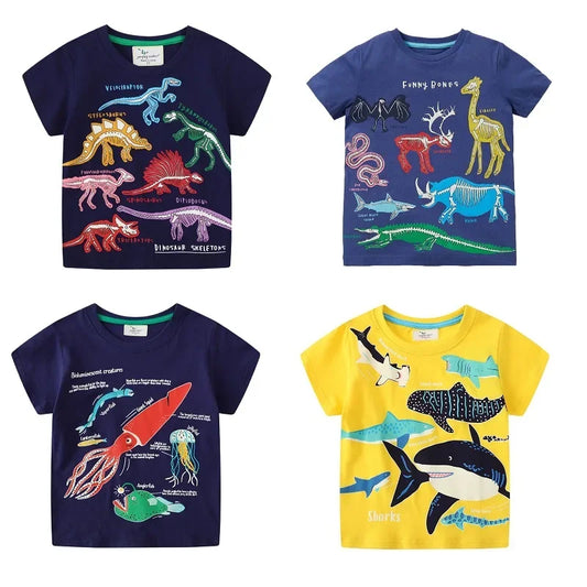 2-7 Years Kids Glow in Dark Cartoon Shark Dinosaur T-Shirt 100% Cotton Baby Boys Summer Short Sleeve Tee Tops
