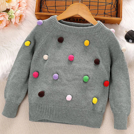 Girls Winter Grey Sweatshirt Cute Peter Pan Collar Openings at Cuffs with Colorful Poms Casual And Pretty Sweatshirt for Kids