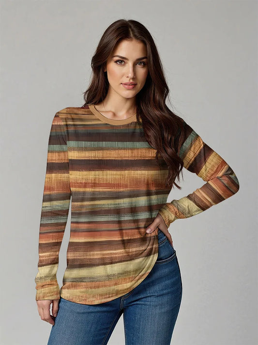 Autumn Women's T-Shirt Casual Long Sleeve Stripe Pattern Print Street O Neck Female Oversized Clothing Outdoor Vintage T Shirts